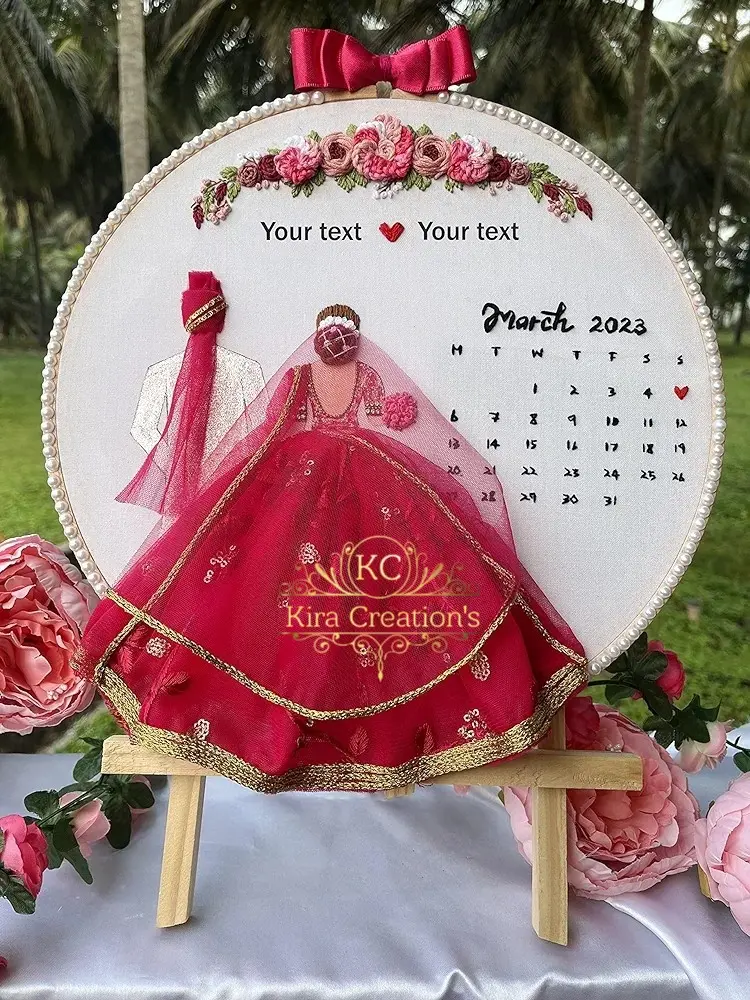 Wedding Embroidery Hoop With Calender  | Red colur | Wedding Gift | Customizable| Anniversary Gift | @kiracreation's 