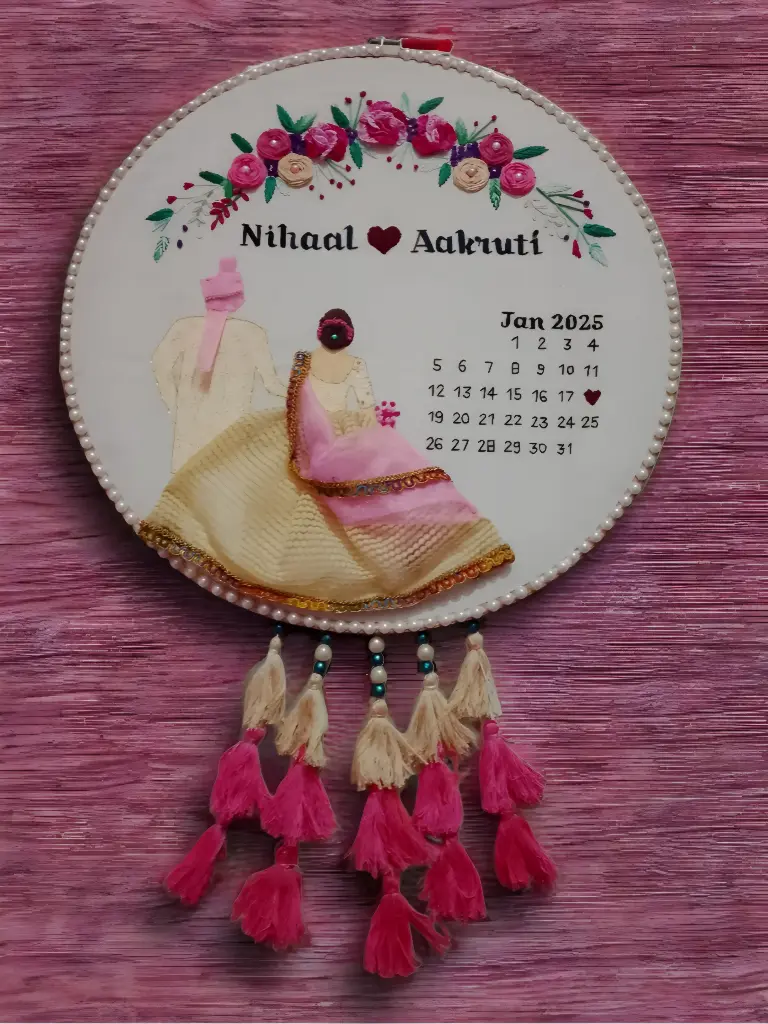 Customizable Bride & Groom Calendar Embroidered Hoop with Tassels | Wedding Gift | 