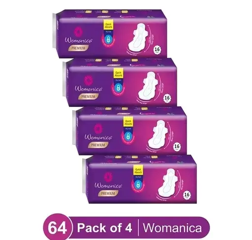 Womanica premium XL size sanitary pads with extra coverage, a pack of 4 with 64 sanitary pads