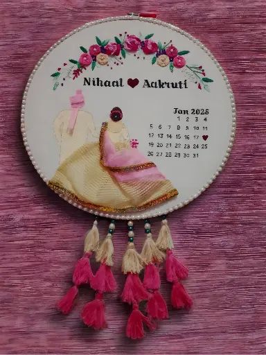 Customizable Bride & Groom Calendar Embroidered Hoop with Tassels | Wedding Gift | 