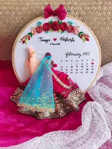 Wedding Embroidery Hoop With Calender  | Red dress & Blue duppata | Wedding Gift | Customizable| Anniversary Gift | @kiracreation's 