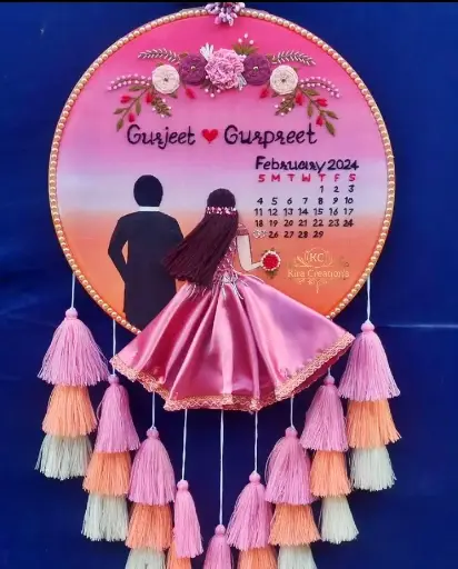 Engagement Customizable Bride & Groom Calendar Embroidered Hoop with Tassels | Wedding Gift | pink colour