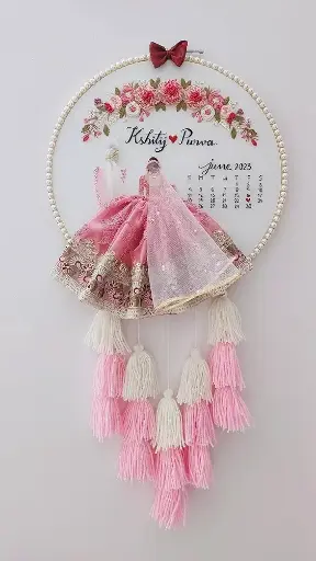 Wedding Customizable Bride & Groom Calendar Embroidered Hoop with Tassels | Wedding Gift | pink colour Baby Pink